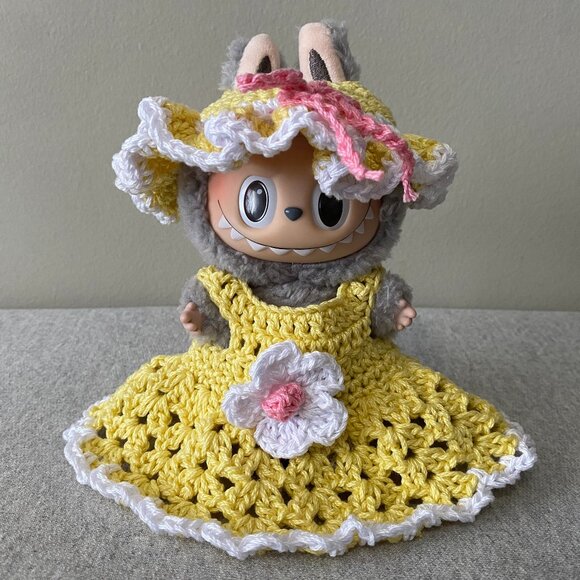 Handmade Crochet Spring Summer Yellow White Outfit for Labubu 2-Piece Set - Picture 1 of 7